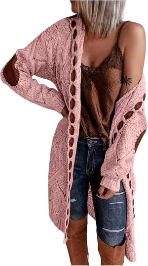 Women Hooded Open Front Cardigan Oversized Elbow Patch Long Sleeve Cable Knit Sweaters Chunky Long Sweater Coats