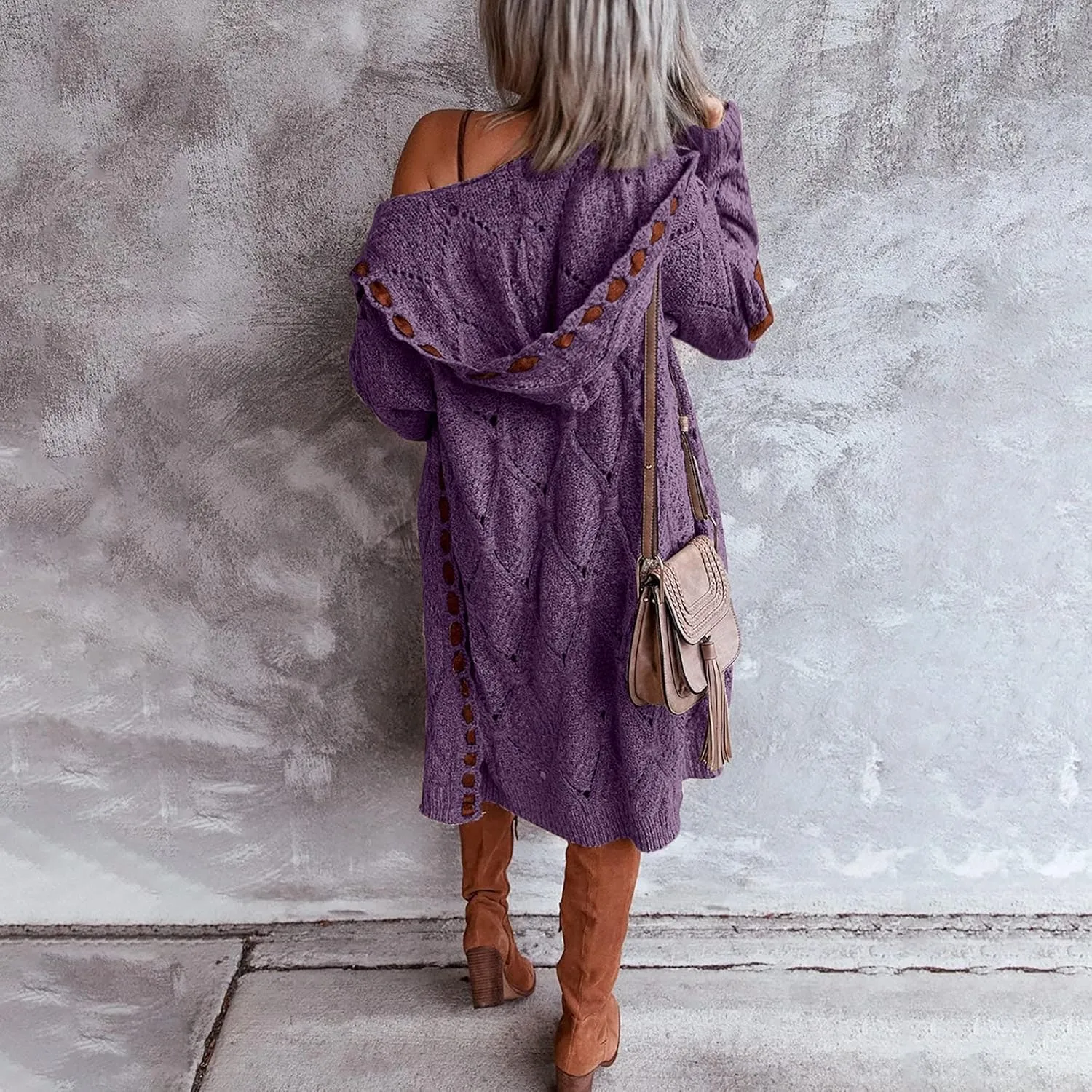 Women Hooded Open Front Cardigan Oversized Elbow Patch Long Sleeve Cable Knit Sweaters Chunky Long Sweater Coats