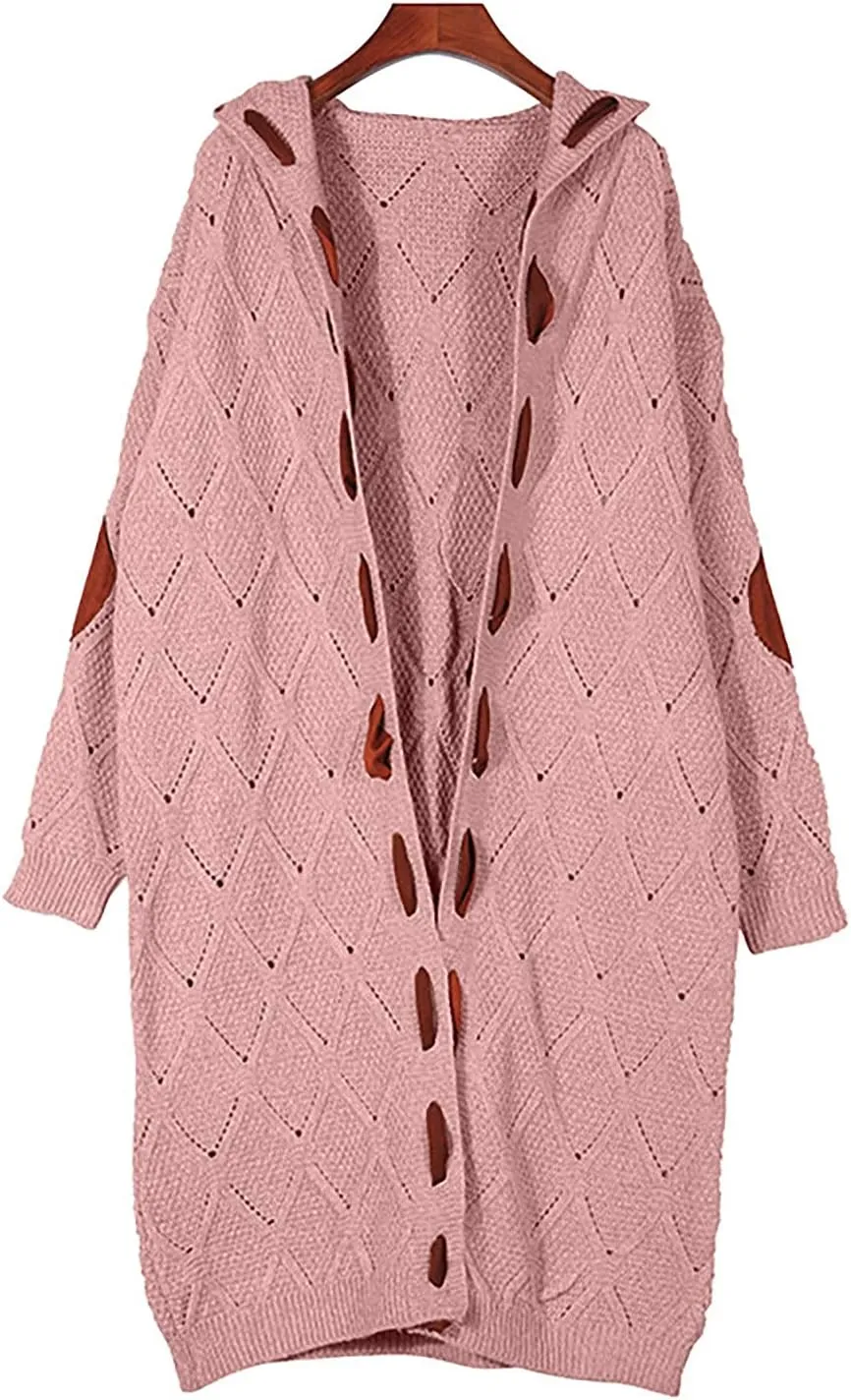 Women Hooded Open Front Cardigan Oversized Elbow Patch Long Sleeve Cable Knit Sweaters Chunky Long Sweater Coats