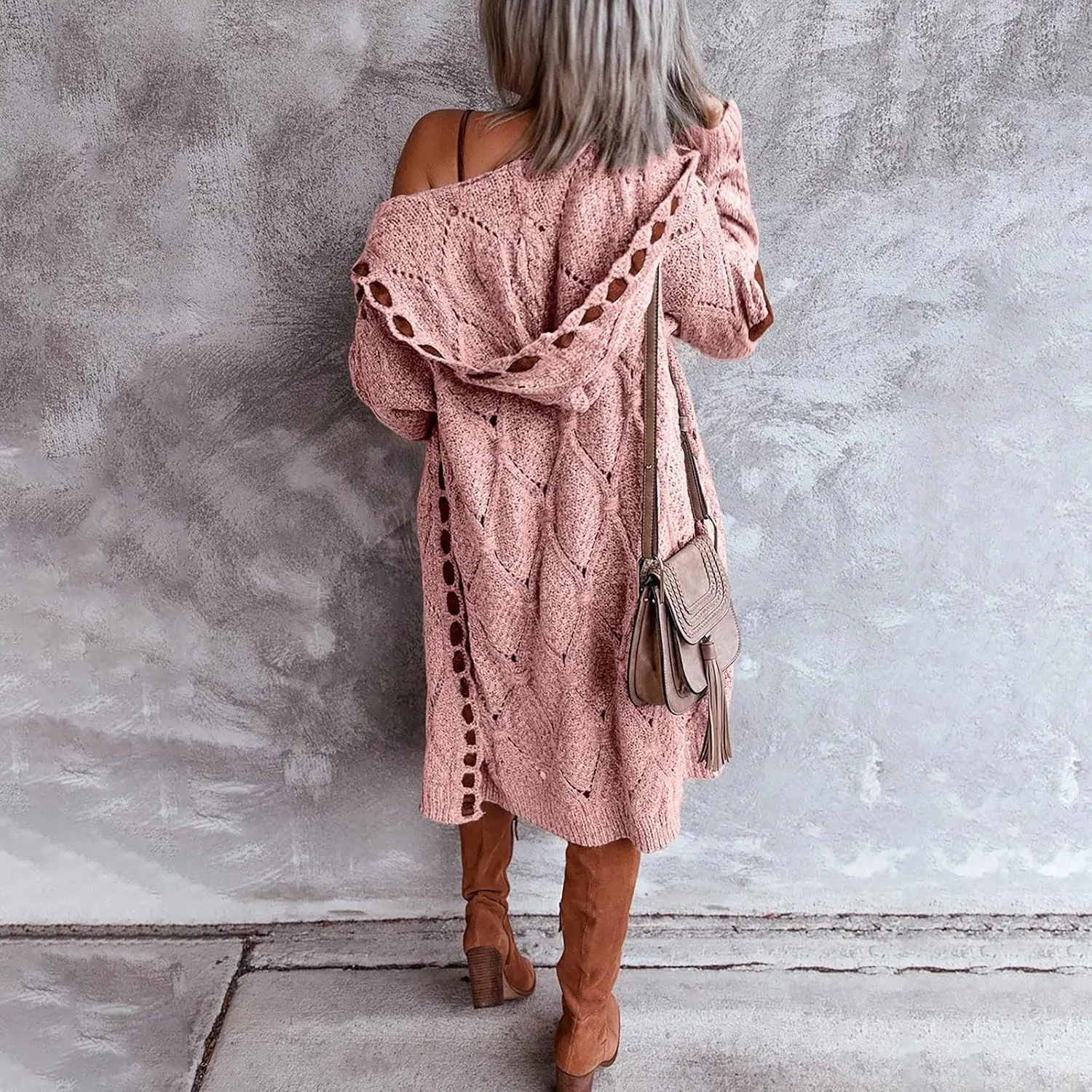 Women Hooded Open Front Cardigan Oversized Elbow Patch Long Sleeve Cable Knit Sweaters Chunky Long Sweater Coats