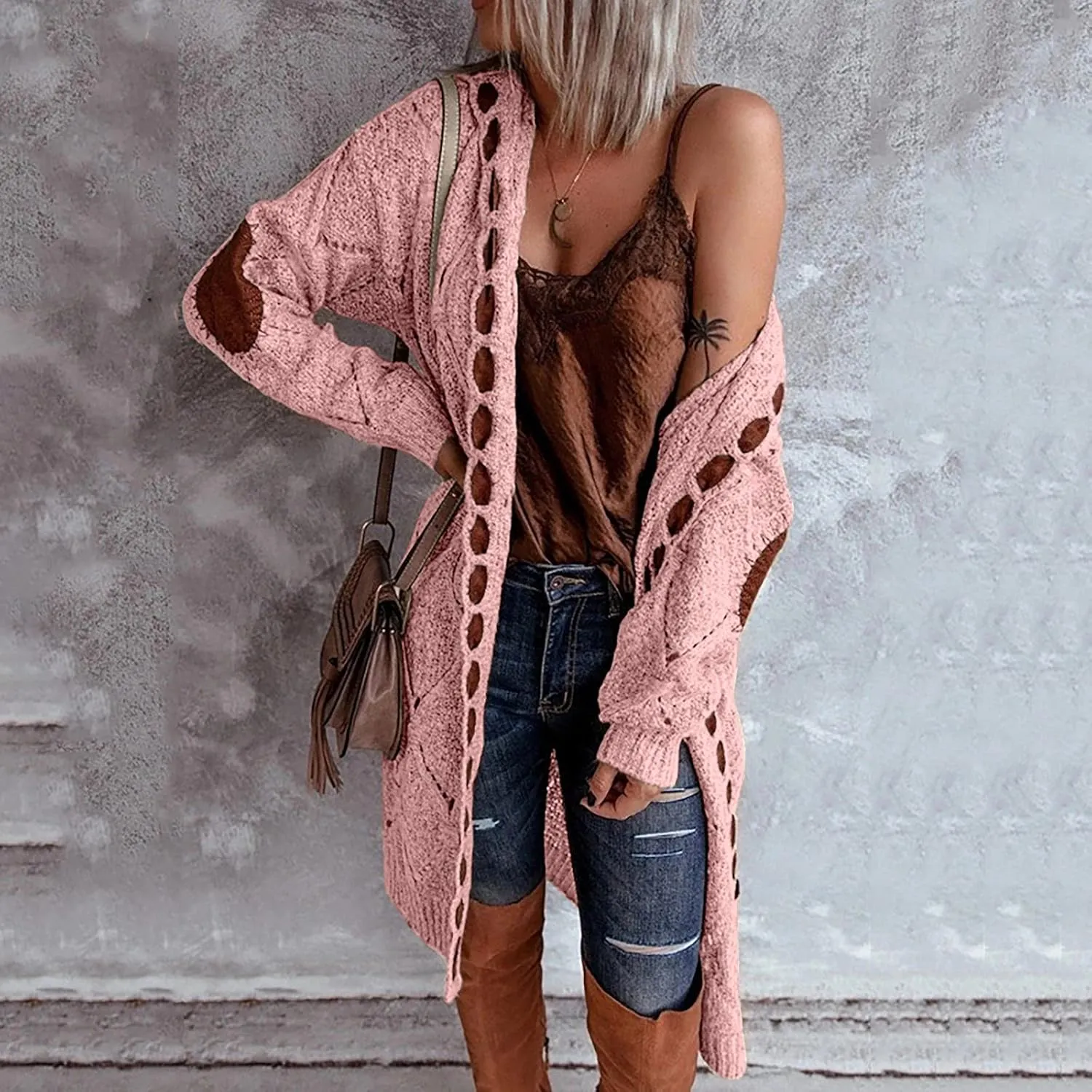 Women Hooded Open Front Cardigan Oversized Elbow Patch Long Sleeve Cable Knit Sweaters Chunky Long Sweater Coats