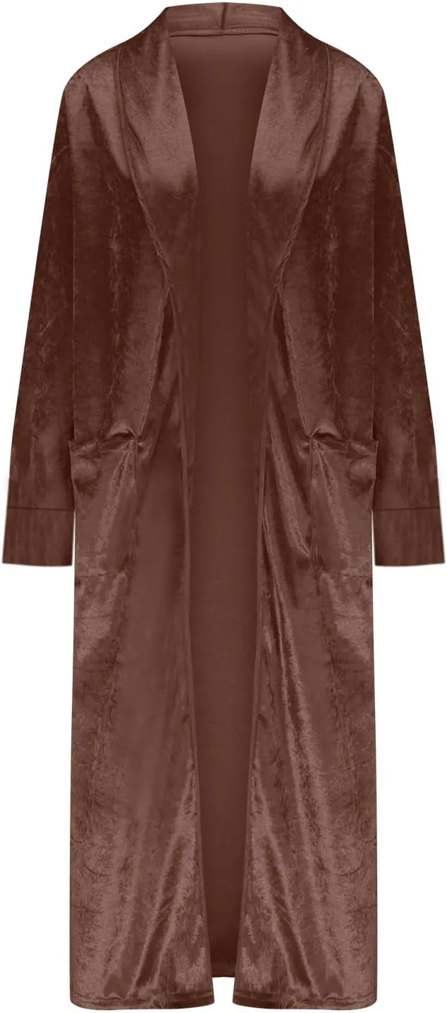Women Lapel Long Sleeve Velvet Trench Coat Casual Open Front Cardigan Windbreaker Long Jacket Overcoat with Pockets