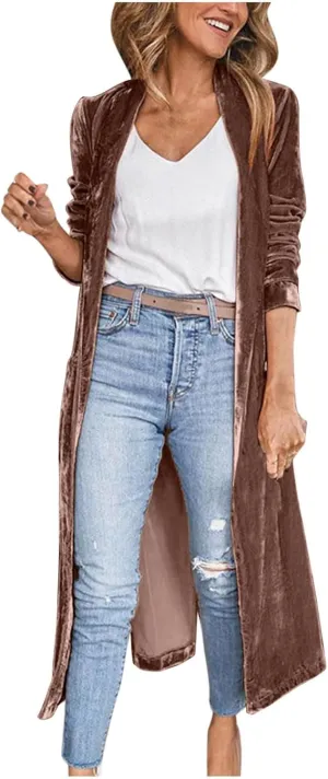 Women Lapel Long Sleeve Velvet Trench Coat Casual Open Front Cardigan Windbreaker Long Jacket Overcoat with Pockets