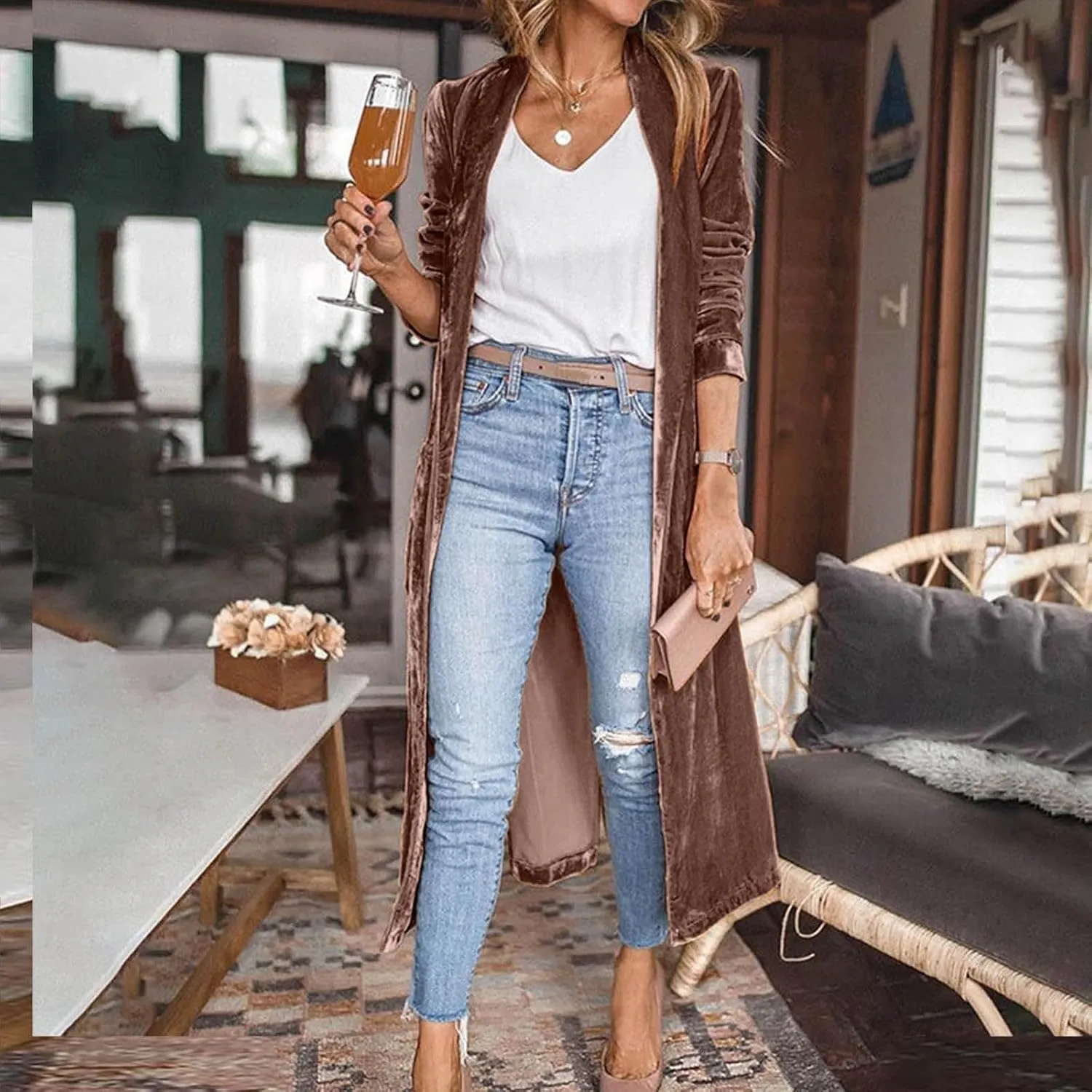 Women Lapel Long Sleeve Velvet Trench Coat Casual Open Front Cardigan Windbreaker Long Jacket Overcoat with Pockets