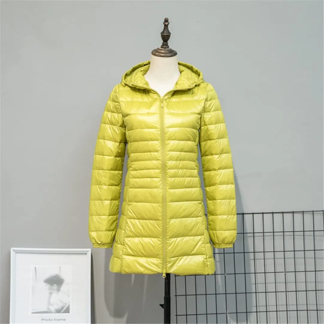 Women Long Down Jackets Ultra Light Hooded Duck Down Coat Portable Puffer Winter Coat for Women Down Parkas