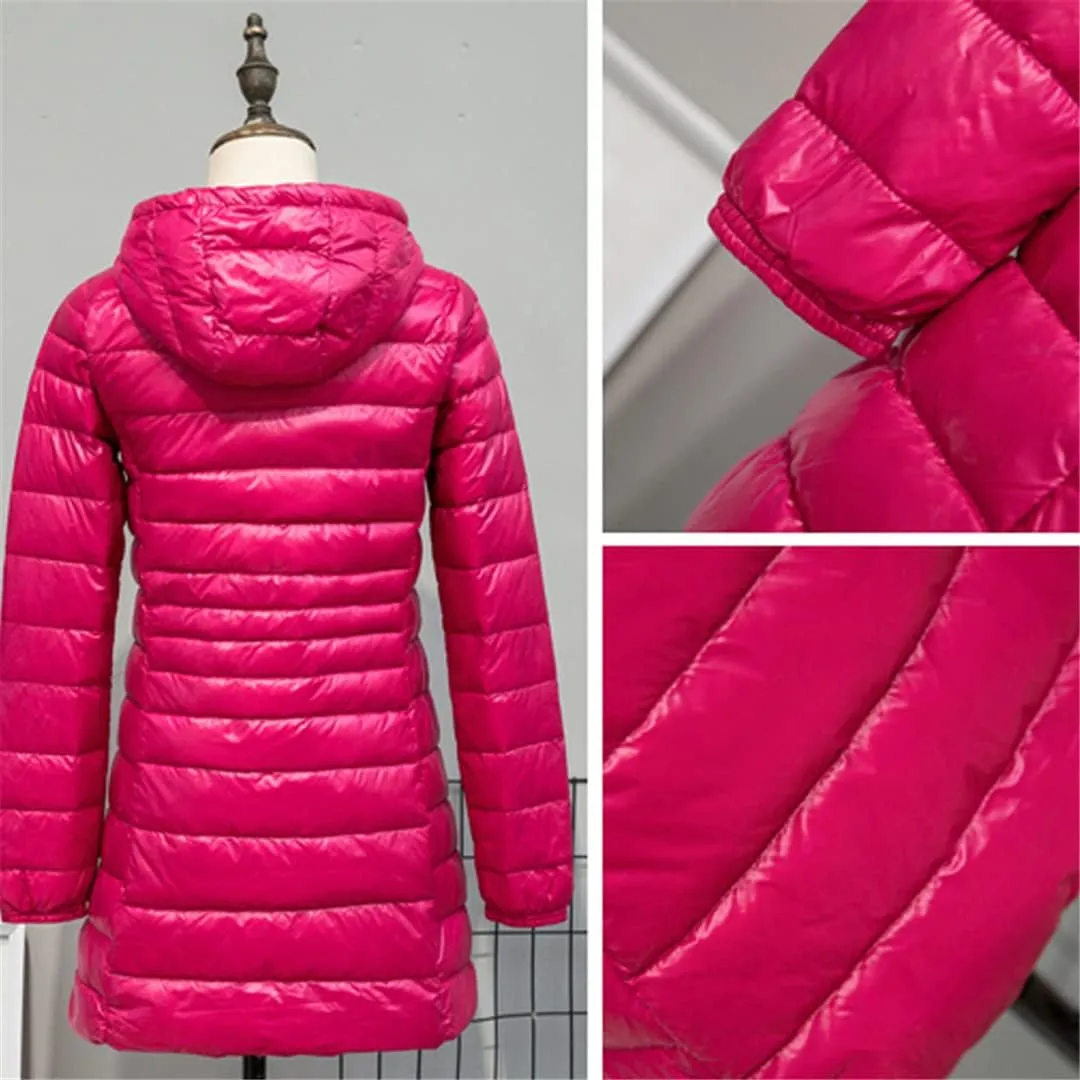 Women Long Down Jackets Ultra Light Hooded Duck Down Coat Portable Puffer Winter Coat for Women Down Parkas