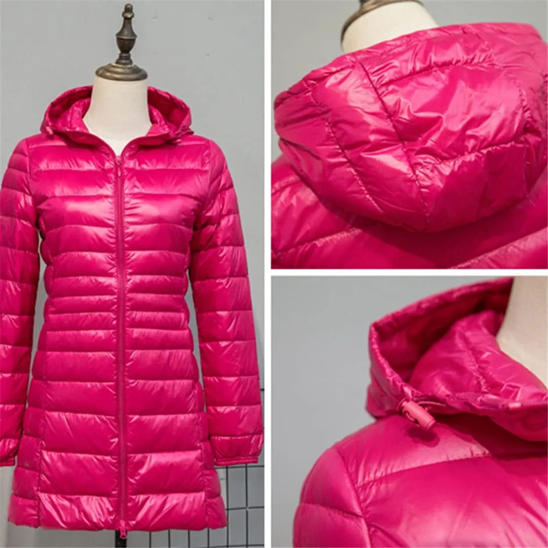 Women Long Down Jackets Ultra Light Hooded Duck Down Coat Portable Puffer Winter Coat for Women Down Parkas