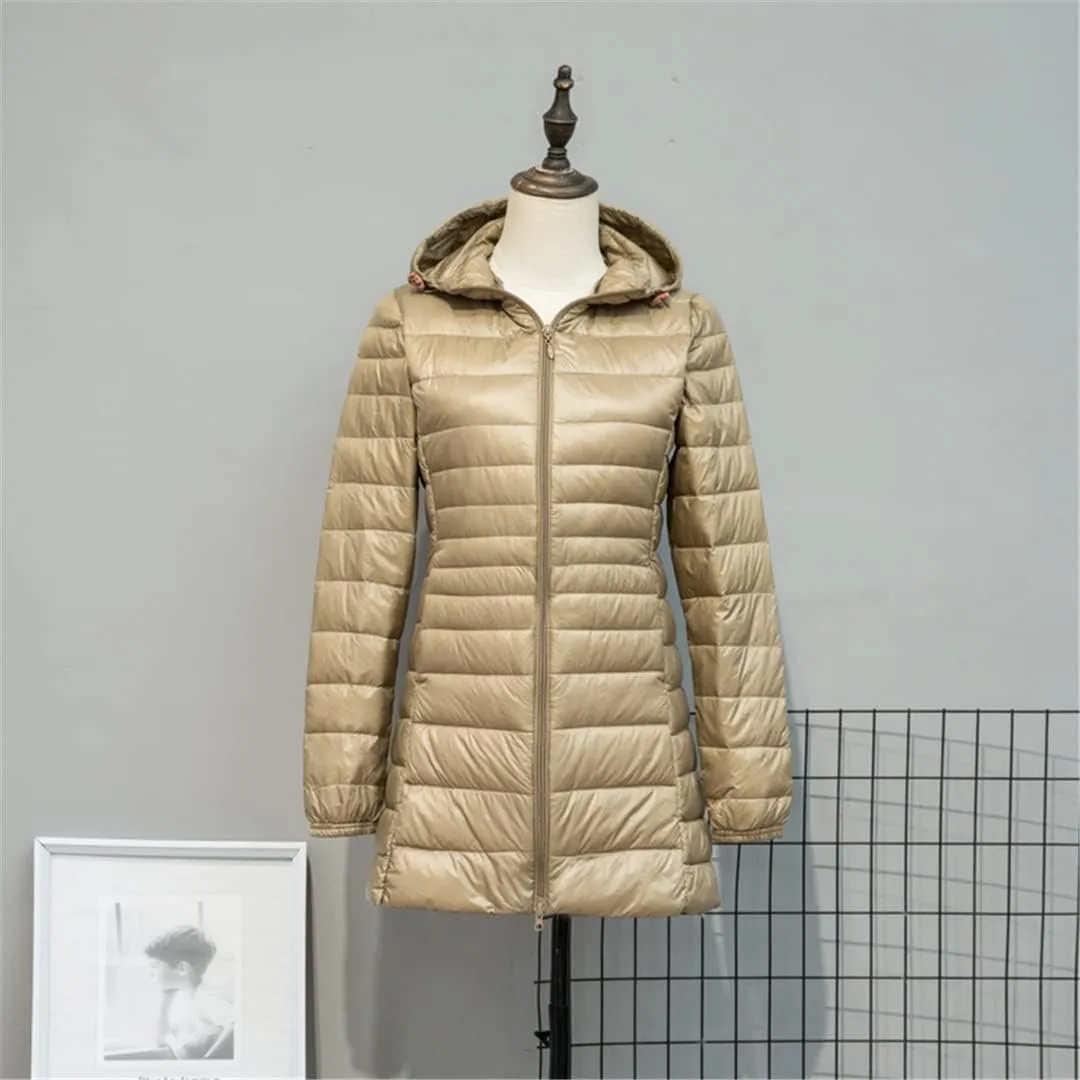 Women Long Down Jackets Ultra Light Hooded Duck Down Coat Portable Puffer Winter Coat for Women Down Parkas