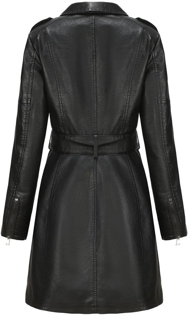 Women Mid Length Faux Leather Trench Coat Waist Belt 2023 Fashion Ladies Long Sleeve Zipper Pu Jackets Solid Tops
