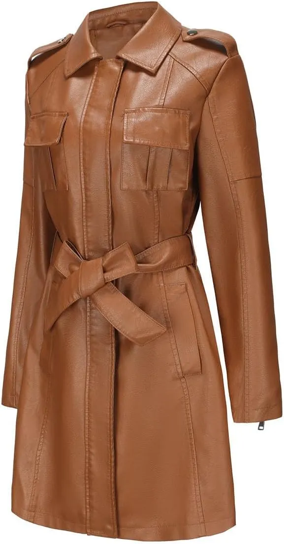 Women Mid Length Faux Leather Trench Coat Waist Belt 2023 Fashion Ladies Long Sleeve Zipper Pu Jackets Solid Tops