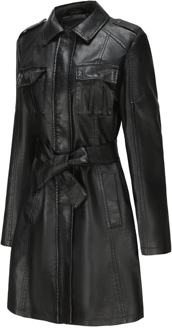 Women Mid Length Faux Leather Trench Coat Waist Belt 2023 Fashion Ladies Long Sleeve Zipper Pu Jackets Solid Tops