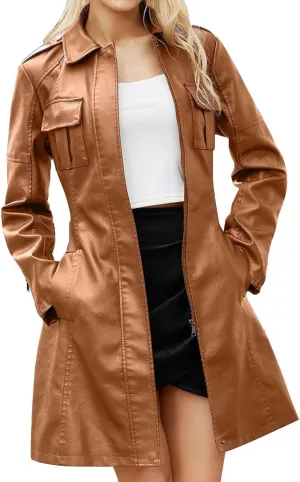 Women Mid Length Faux Leather Trench Coat Waist Belt 2023 Fashion Ladies Long Sleeve Zipper Pu Jackets Solid Tops