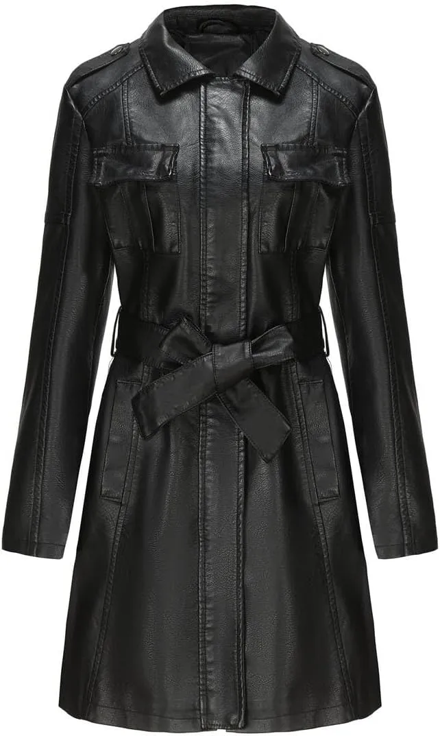 Women Mid Length Faux Leather Trench Coat Waist Belt 2023 Fashion Ladies Long Sleeve Zipper Pu Jackets Solid Tops