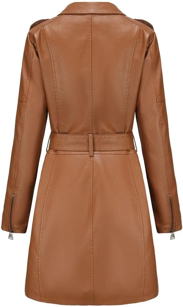 Women Mid Length Faux Leather Trench Coat Waist Belt 2023 Fashion Ladies Long Sleeve Zipper Pu Jackets Solid Tops