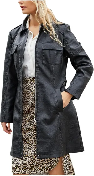 Women Mid Length Faux Leather Trench Coat Waist Belt 2023 Fashion Ladies Long Sleeve Zipper Pu Jackets Solid Tops