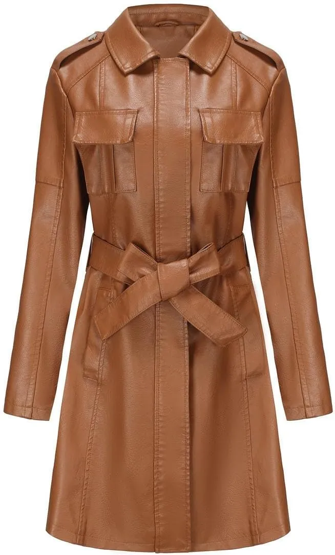 Women Mid Length Faux Leather Trench Coat Waist Belt 2023 Fashion Ladies Long Sleeve Zipper Pu Jackets Solid Tops