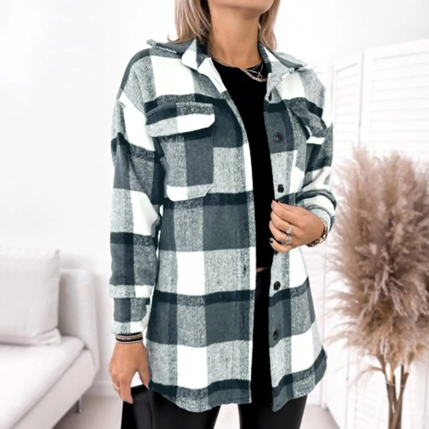 Women Plaid Shacket Jacket Button Down Wool Blend Fall Flannel Jacket Tartan Trench Coat Lapel Collar Loose Outerwear