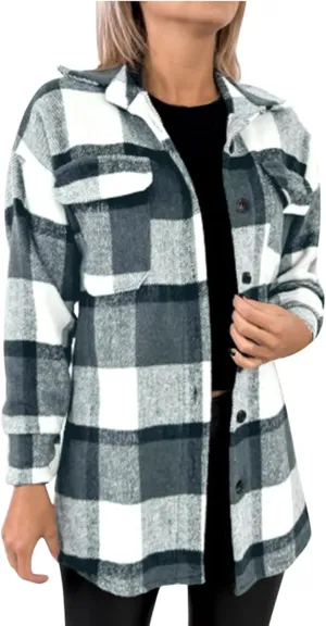 Women Plaid Shacket Jacket Button Down Wool Blend Fall Flannel Jacket Tartan Trench Coat Lapel Collar Loose Outerwear