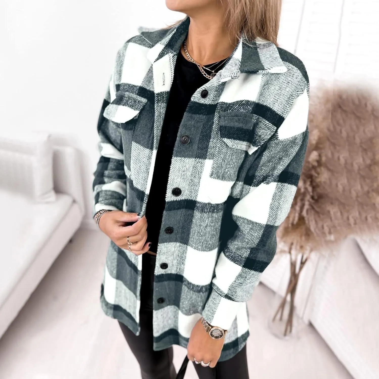 Women Plaid Shacket Jacket Button Down Wool Blend Fall Flannel Jacket Tartan Trench Coat Lapel Collar Loose Outerwear