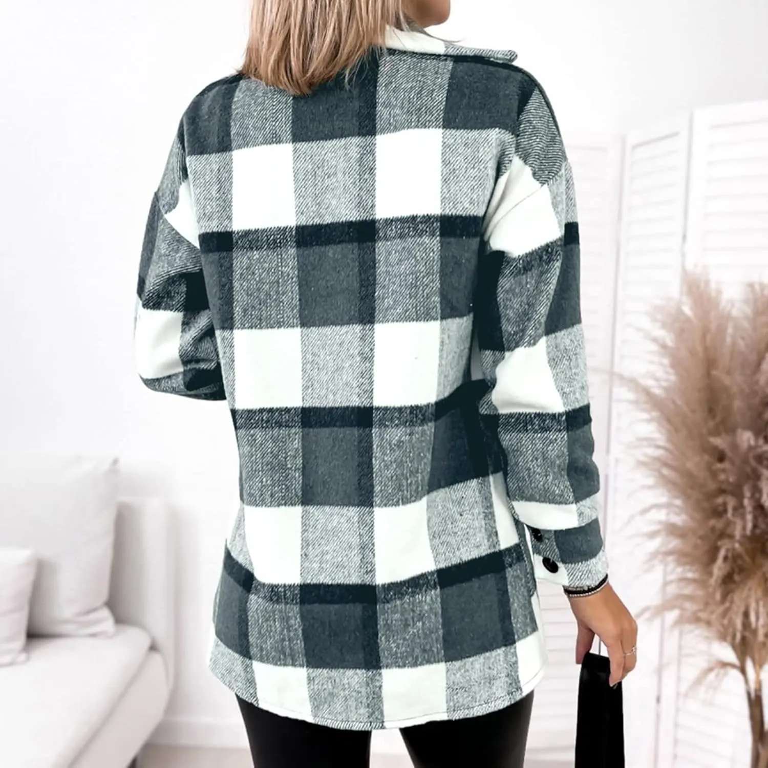 Women Plaid Shacket Jacket Button Down Wool Blend Fall Flannel Jacket Tartan Trench Coat Lapel Collar Loose Outerwear