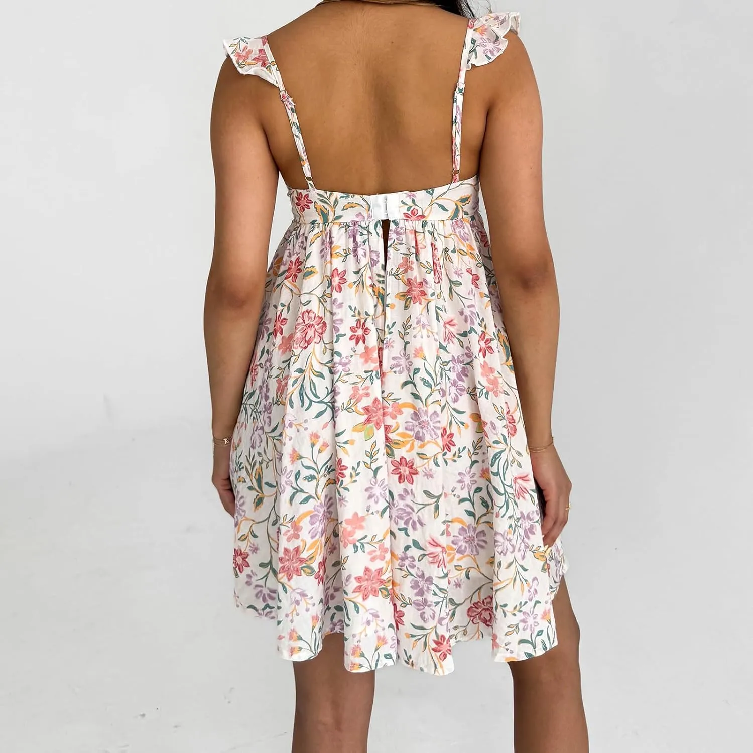 Women Ruffle Mini Dress Sleeveless Floral Strap Y2k Babydoll Flowy Short Dress Going Out Boho Vacation Sundress