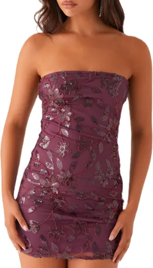 Women Sequin Beaded Strapless Dress Y2K Sparkle Glitter Tube Mini Dress Rhinestone Floral Sundresses Beach