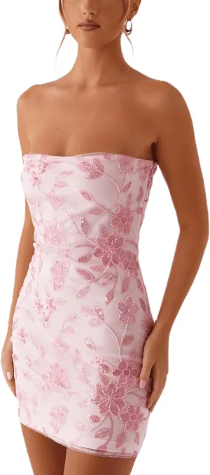 Women Sequin Sparkly Tube Dress Y2K Off The Shoulder Floral Mini Dress Sexy Glitter Party Bodycon Short Dress