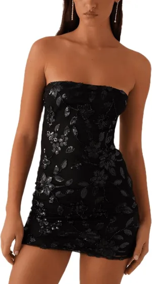 Women Sequin Sparkly Tube Dress Y2K Off The Shoulder Floral Mini Dress Sexy Glitter Party Bodycon Short Dress