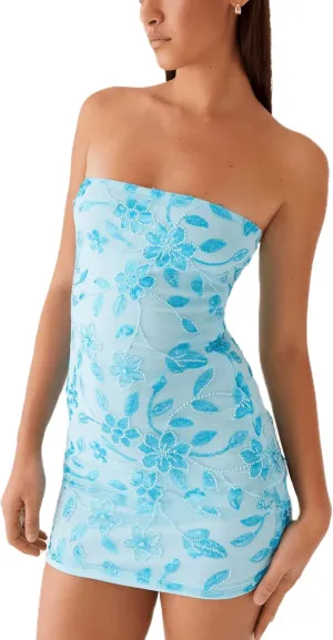 Women Sequin Sparkly Tube Dress Y2K Off The Shoulder Floral Mini Dress Sexy Glitter Party Bodycon Short Dress