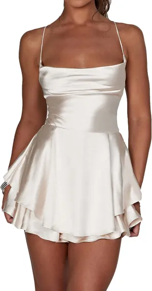 Women Sexy Low Cut Satin Mini Dress Jumpsuits Y2k Deep V Spaghetti Strap Bodycon Dress Solid Slimd Going Out Dress