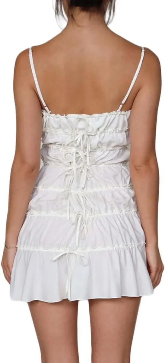 Women Sexy Satin Mini Dress Lace Trim Spaghetti Strap Backless Floral Short Dress Low Cut Tank Dress Y2k Clubwear