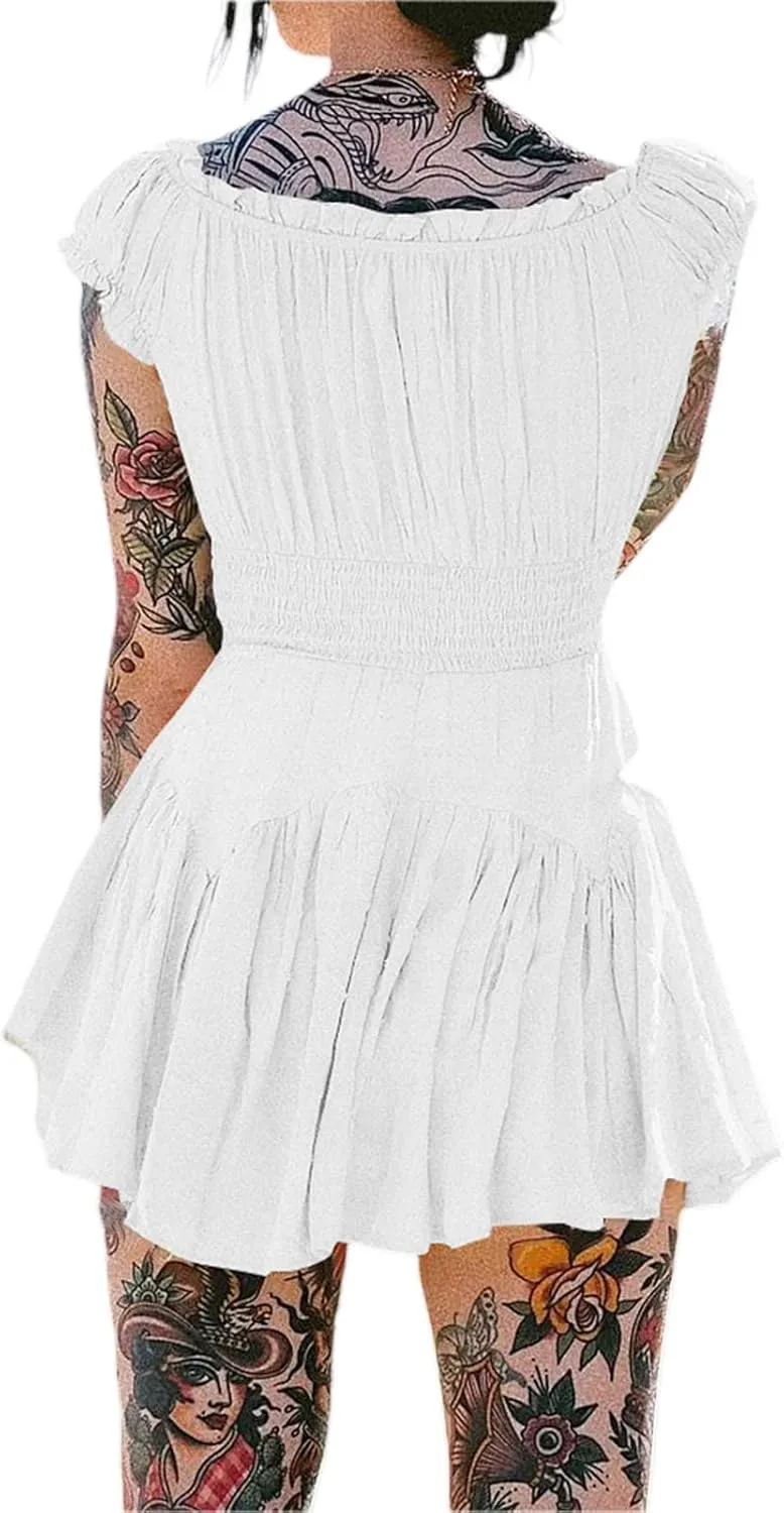 Women Sexy Satin Mini Dress Lace Trim Spaghetti Strap Backless Floral Short Dress Low Cut Tank Dress Y2k Clubwear