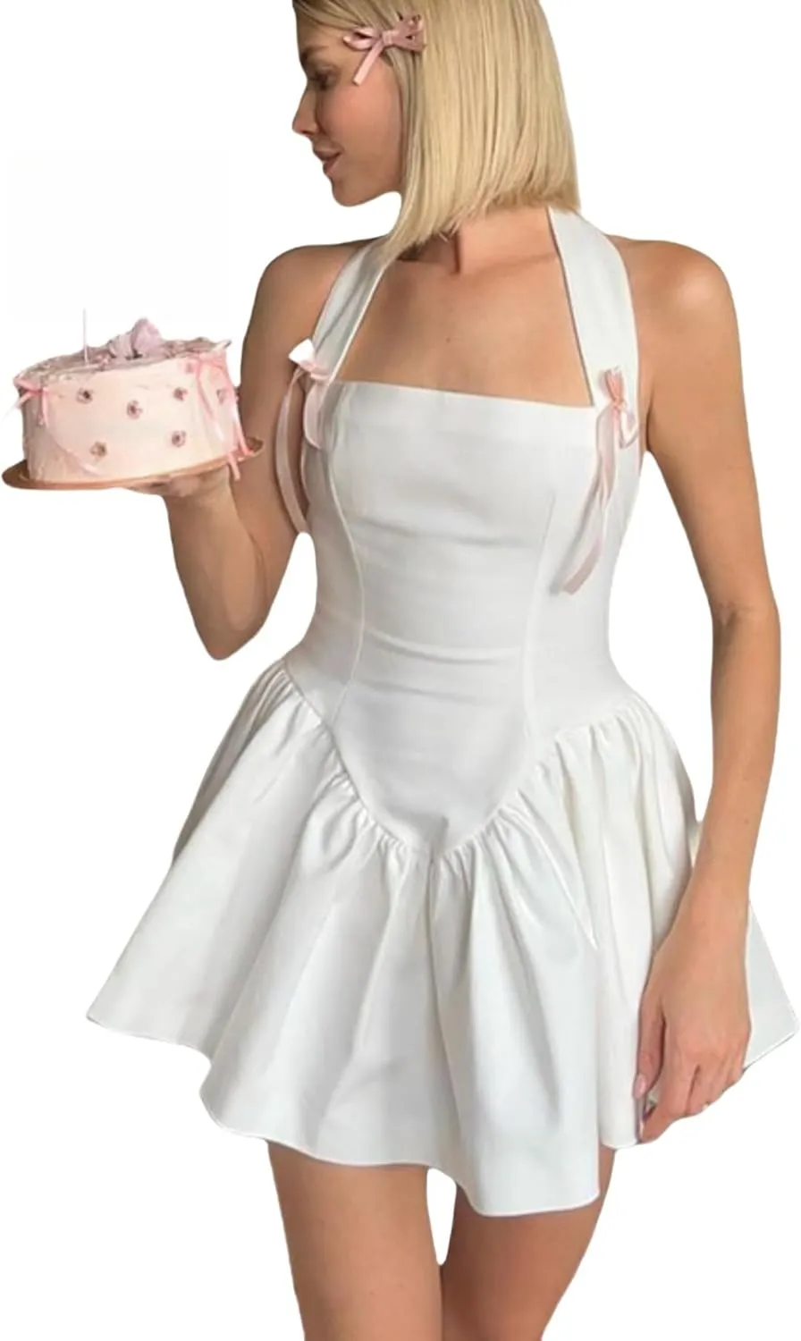 Women Sexy Sleeveless Halter Mini Dress Cute Backless A Line Short Dress Y2K Swing Party Dress