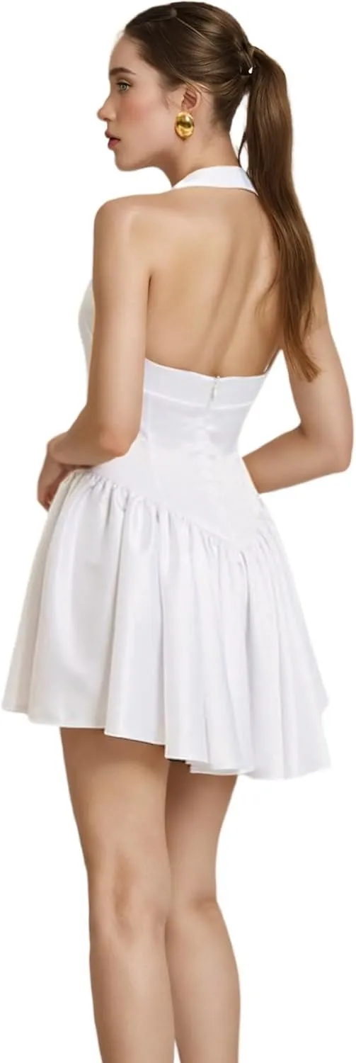 Women Sexy Sleeveless Halter Mini Dress Cute Backless A Line Short Dress Y2K Swing Party Dress