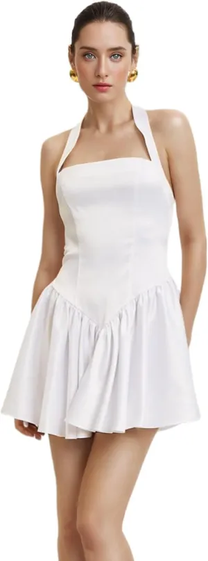 Women Sexy Sleeveless Halter Mini Dress Cute Backless A Line Short Dress Y2K Swing Party Dress