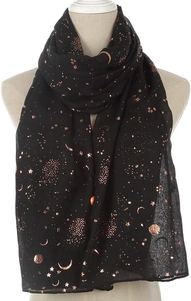 Women Silk Hair Scarf Silk Scarf for Women Women Fashion Star Moon Foil Printed Scarf Wrap Silk Shawl (Black, One Size)