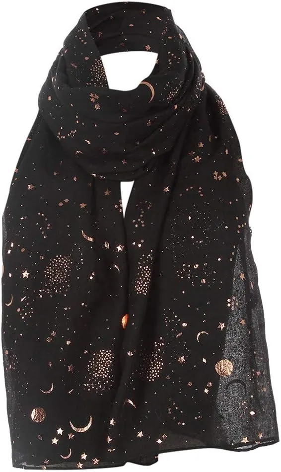 Women Silk Hair Scarf Silk Scarf for Women Women Fashion Star Moon Foil Printed Scarf Wrap Silk Shawl (Black, One Size)