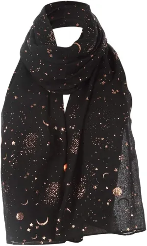 Women Silk Hair Scarf Silk Scarf for Women Women Fashion Star Moon Foil Printed Scarf Wrap Silk Shawl (Black, One Size)