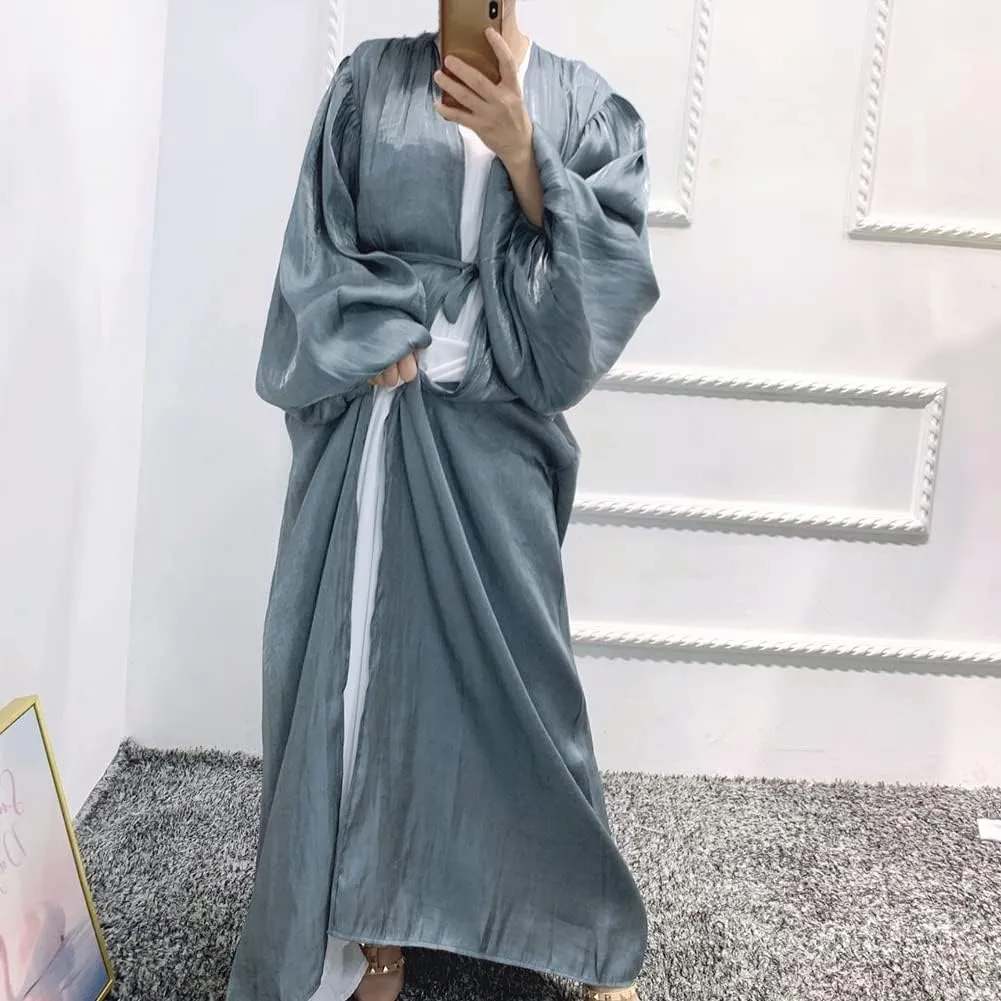 Women Silk Muslim Abaya Open Front Cardigan Maxi Dress - Dubai Islamic Middle East Arabian Robe for Eid Prayer