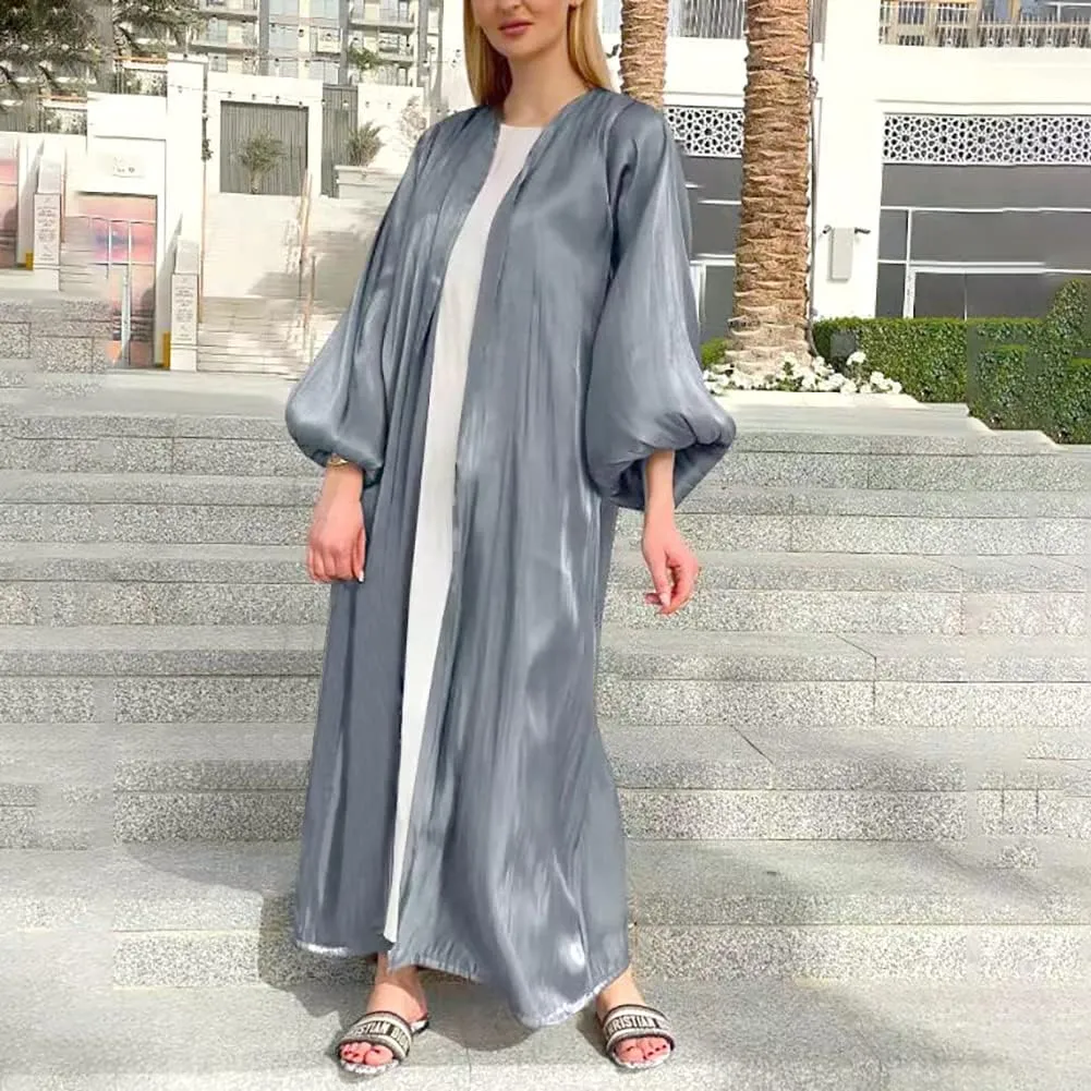 Women Silk Muslim Abaya Open Front Cardigan Maxi Dress - Dubai Islamic Middle East Arabian Robe for Eid Prayer