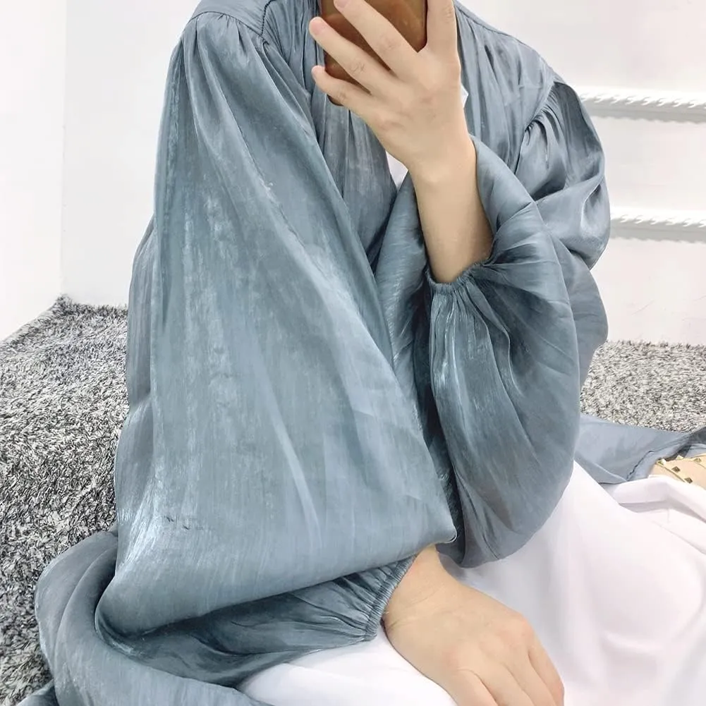 Women Silk Muslim Abaya Open Front Cardigan Maxi Dress - Dubai Islamic Middle East Arabian Robe for Eid Prayer