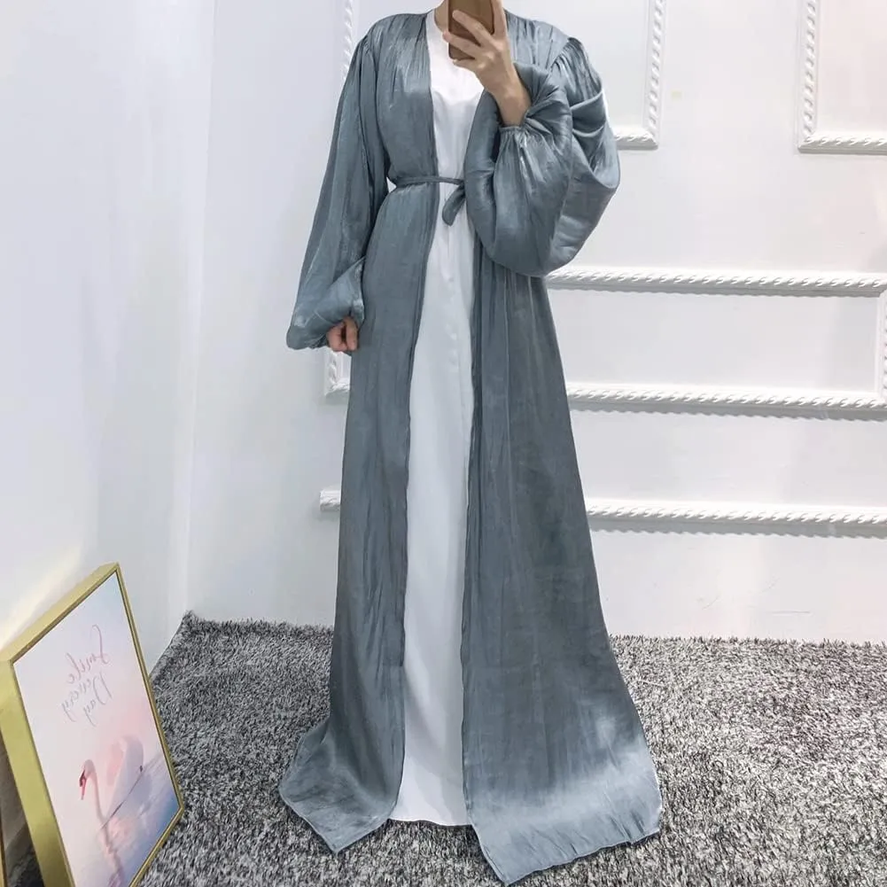 Women Silk Muslim Abaya Open Front Cardigan Maxi Dress - Dubai Islamic Middle East Arabian Robe for Eid Prayer