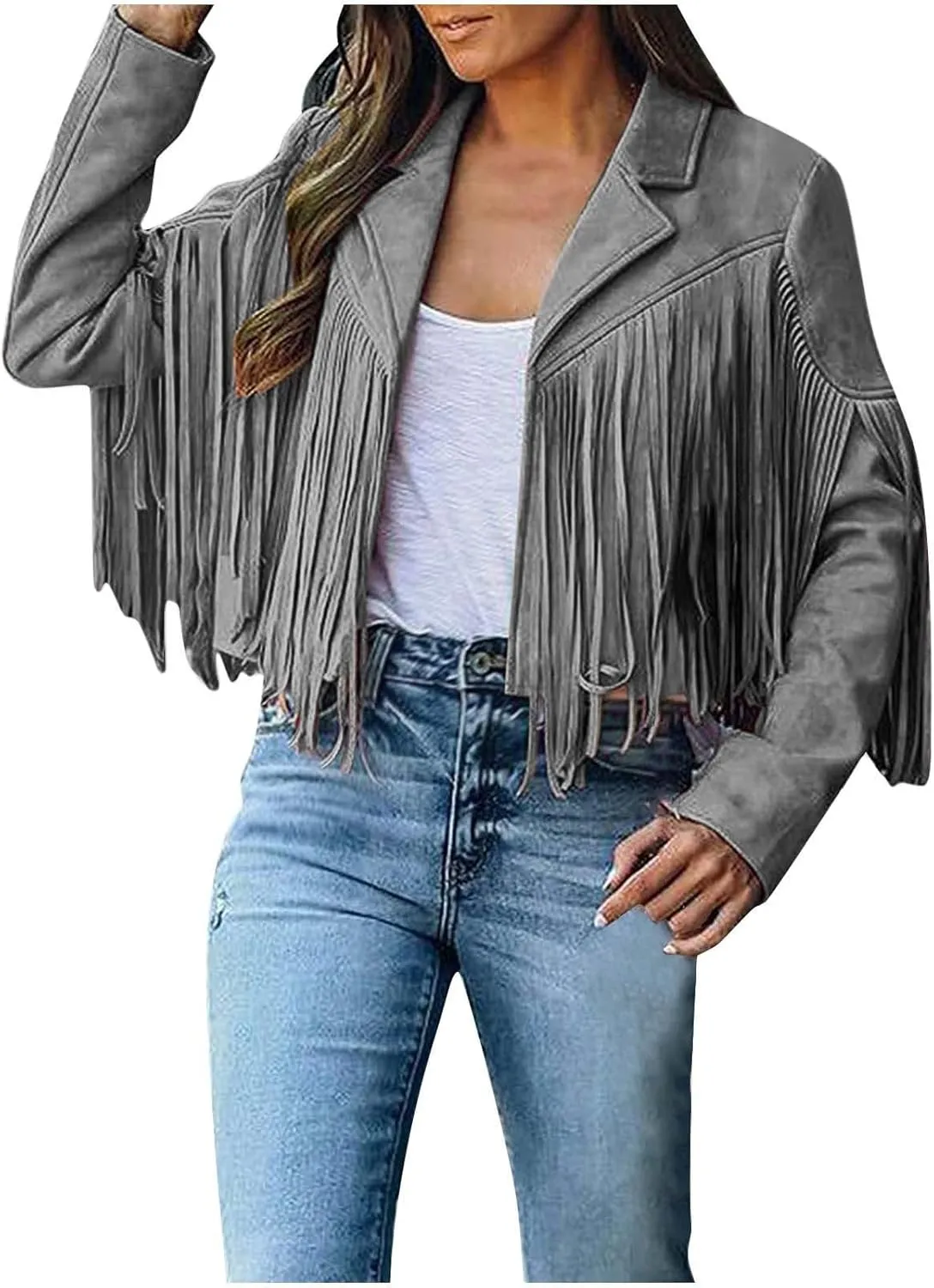 Women Suede Fringe Jacket Long Sleeve Slim Faux Leather Motorcycle Jacket Boyfriend Tassel Cropped Lapel Collar Coats