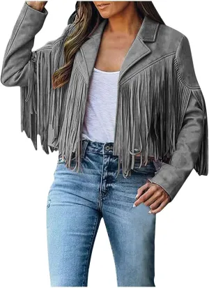 Women Suede Fringe Jacket Long Sleeve Slim Faux Leather Motorcycle Jacket Boyfriend Tassel Cropped Lapel Collar Coats