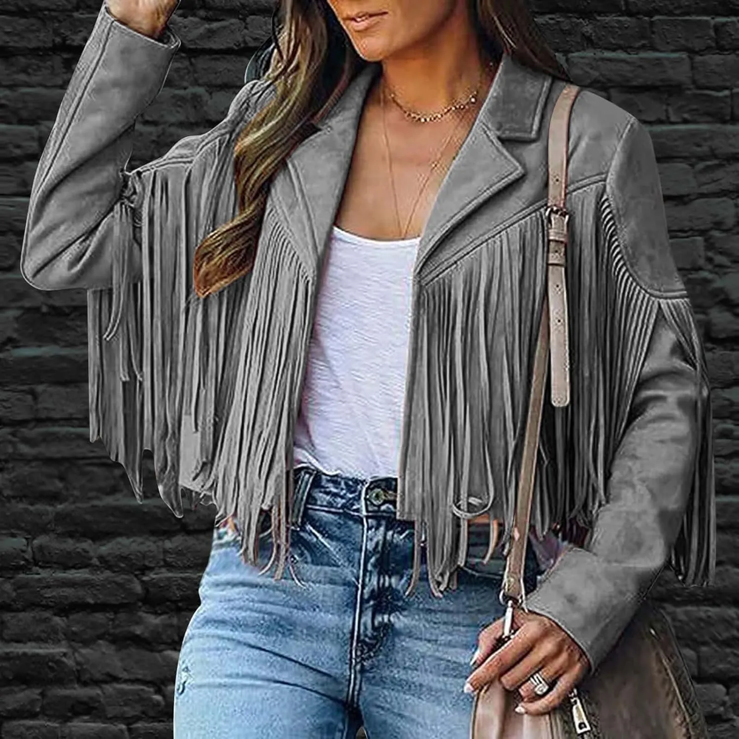 Women Suede Fringe Jacket Long Sleeve Slim Faux Leather Motorcycle Jacket Boyfriend Tassel Cropped Lapel Collar Coats