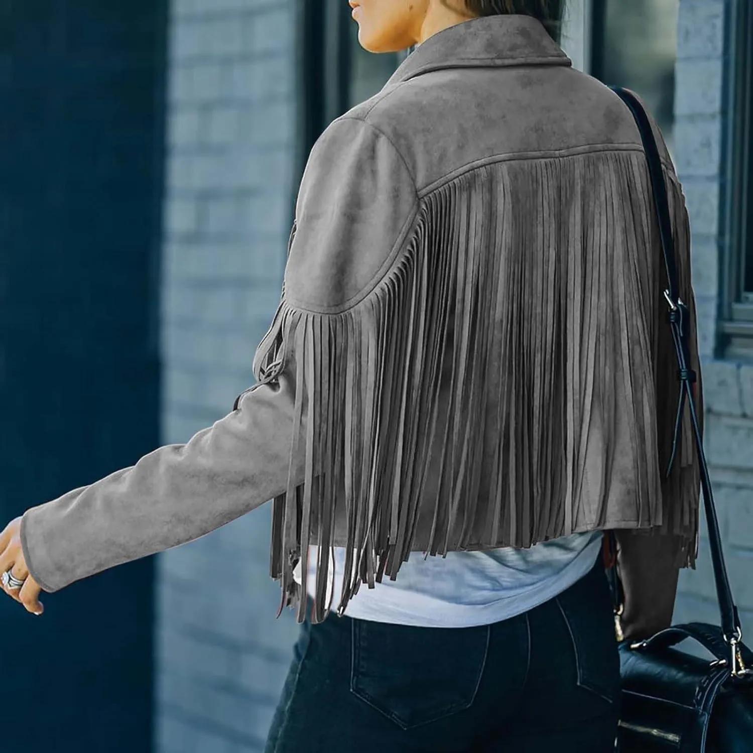 Women Suede Fringe Jacket Long Sleeve Slim Faux Leather Motorcycle Jacket Boyfriend Tassel Cropped Lapel Collar Coats