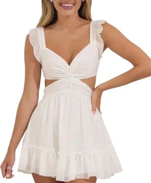 Women Summer Casual Fringe Sleeve Ruffle Tiered Mini Dress Y2k Floral A Line Dress Beach Party Club Short Dress