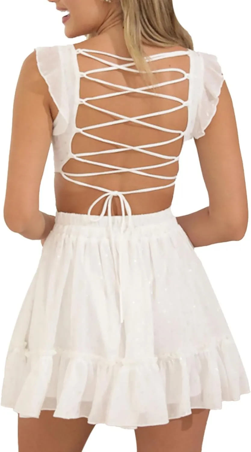 Women Summer Casual Fringe Sleeve Ruffle Tiered Mini Dress Y2k Floral A Line Dress Beach Party Club Short Dress