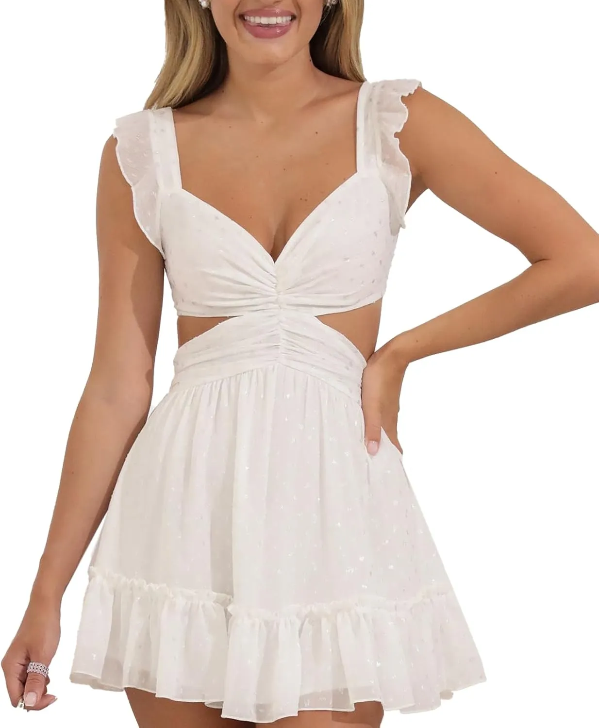 Women Summer Casual Fringe Sleeve Ruffle Tiered Mini Dress Y2k Floral A Line Dress Beach Party Club Short Dress