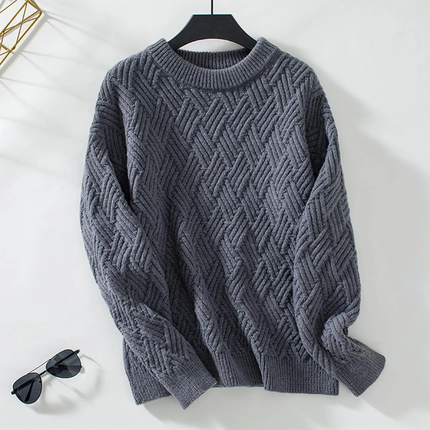 Women Sweater Chunky Knit Round Neck Solid Color Long Sleeve Casual Soft Loose Fit Jumper Tops